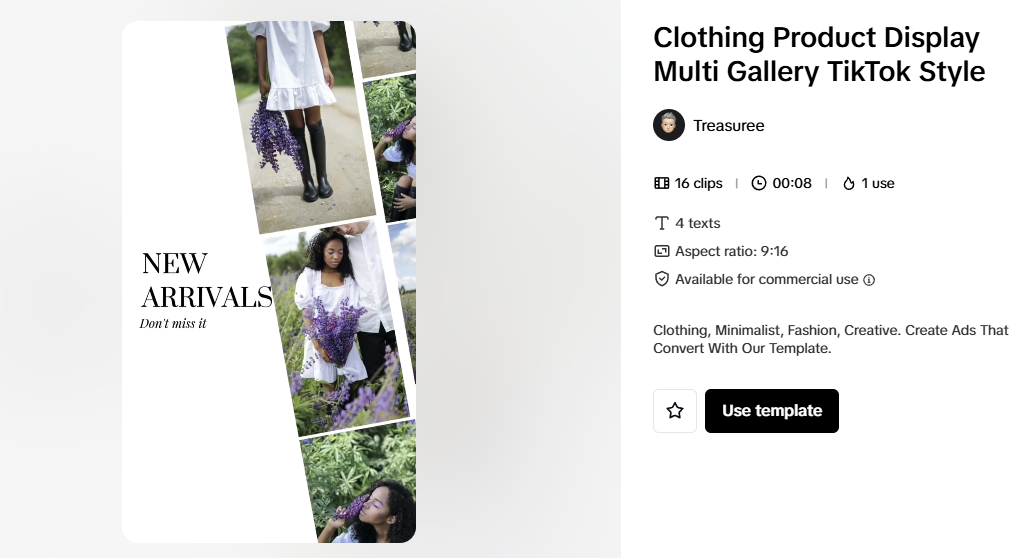 Minimalist clothing product display template in TikTok style, ideal for using dropshipping tools to grow your business.